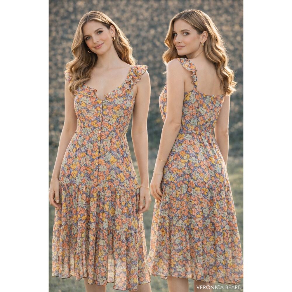 Veronica Beard Midi Dress Floral Tiered 100% Cotton Ruffle Strap Lined Sz 4 Fall